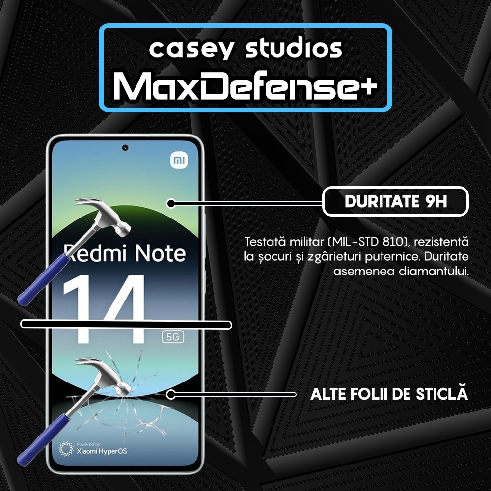 Folie Sticla CASEY STUDIOS™ compatibila cu Xiaomi Redmi Note 14, MaxDefense+, Anti Zgarieturi, Full Glue, Full Cover 3D, Protectie Ecran 3D, Duritate Ridicata, Margini Negre