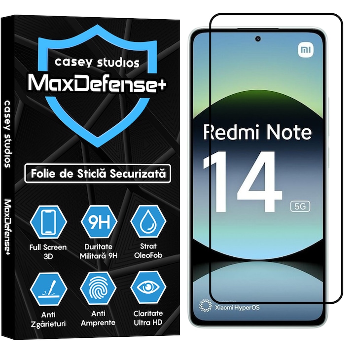 Folie Sticla CASEY STUDIOS™ compatibila cu Xiaomi Redmi Note 14, MaxDefense+, Anti Zgarieturi, Full Glue, Full Cover 3D, Protectie Ecran 3D, Duritate Ridicata, Margini Negre