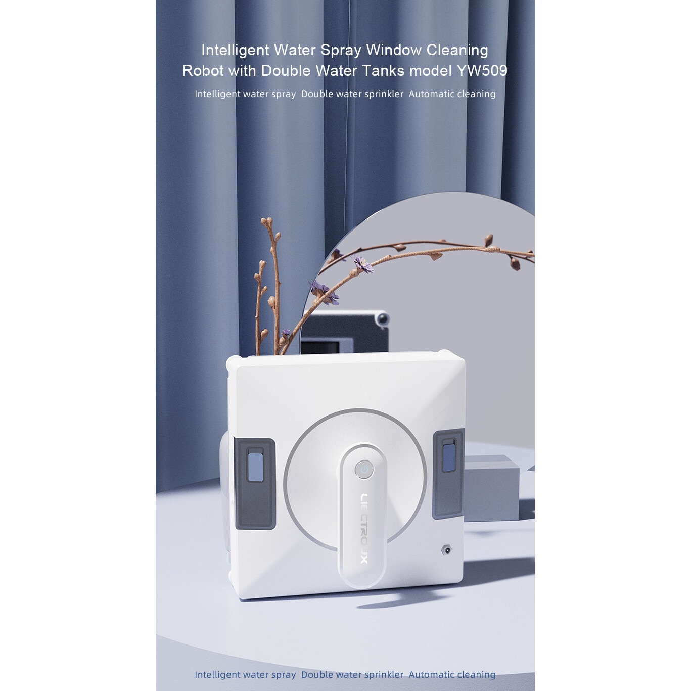 Robot de curatare a geamurilor, WALALLA, pulverizare cu apa in doua directii, 3 moduri de functionare, control prin aplicatie mobila, protectie UPS, rezervor de apa de 70 ml, detectare rama, telecomanda, putere de aspirare 5600 Pa, alb