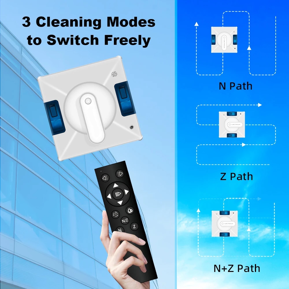 Robot de curatare a geamurilor, WALALLA, pulverizare cu apa in doua directii, 3 moduri de functionare, control prin aplicatie mobila, protectie UPS, rezervor de apa de 70 ml, detectare rama, telecomanda, putere de aspirare 5600 Pa, alb