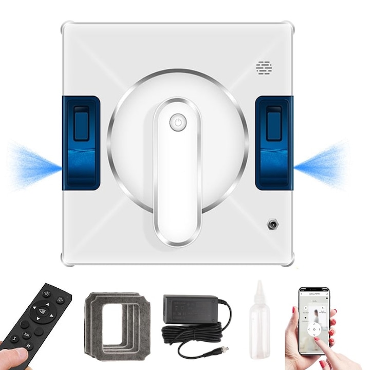 Robot de curatare a geamurilor, WALALLA, pulverizare cu apa in doua directii, 3 moduri de functionare, control prin aplicatie mobila, protectie UPS, rezervor de apa de 70 ml, detectare rama, telecomanda, putere de aspirare 5600 Pa, alb