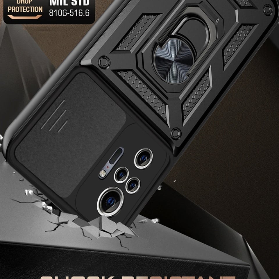 Husa pentru Xiaomi Redmi Note 10 Pro / Redmi Note 10 Pro Max, SKYDDAR INNOVATION, CamShield, Inel magnetic, set cu sticker, Negru