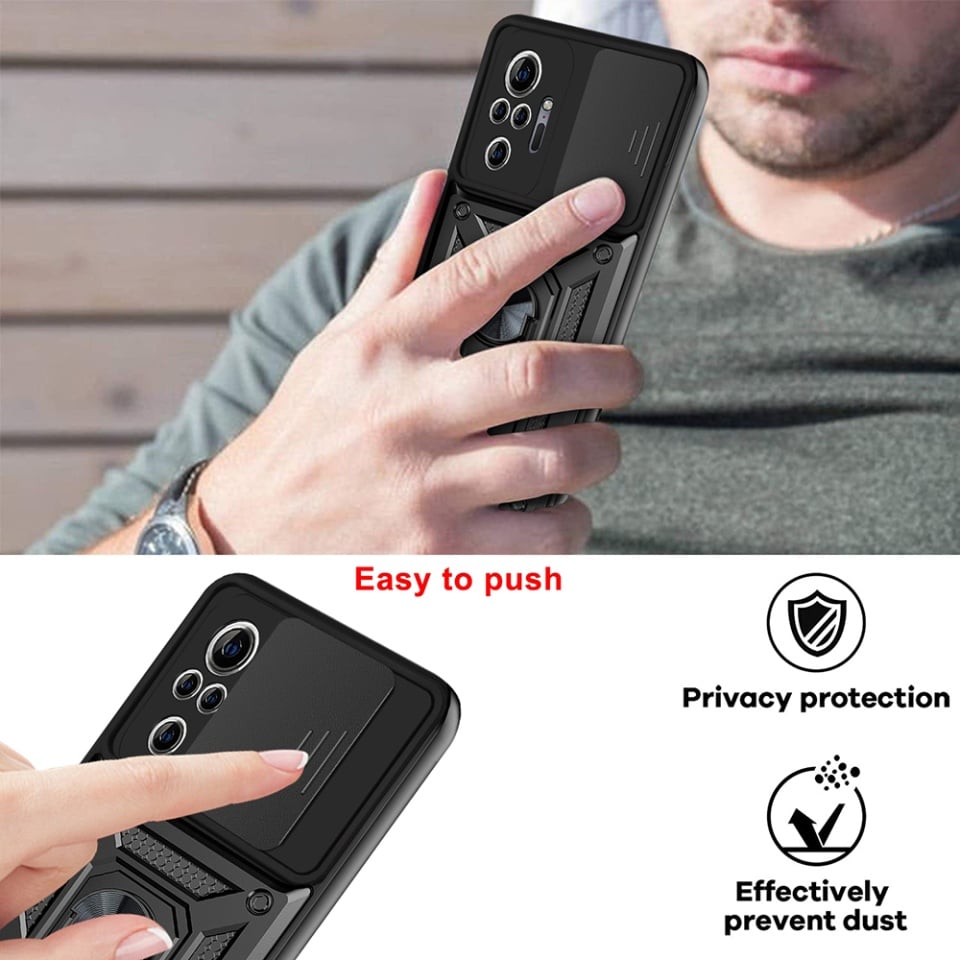 Husa pentru Xiaomi Redmi Note 10 Pro / Redmi Note 10 Pro Max, SKYDDAR INNOVATION, CamShield, Inel magnetic, set cu sticker, Negru