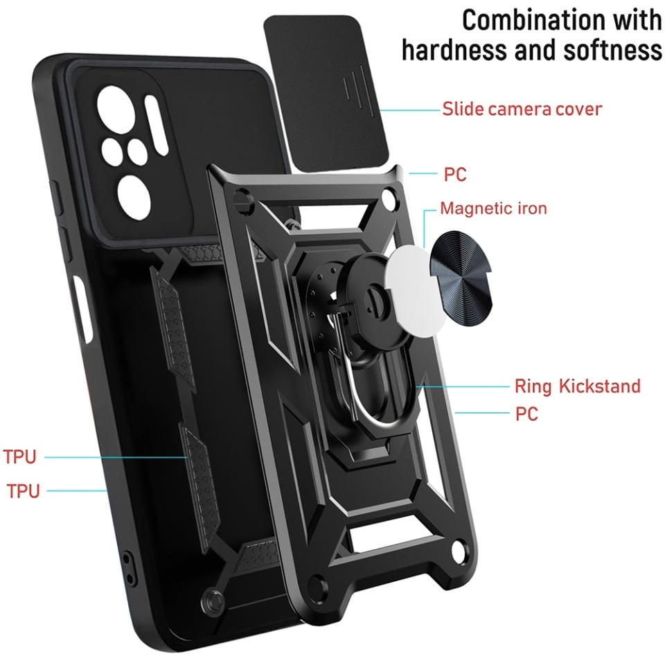Husa pentru Xiaomi Redmi Note 10 Pro / Redmi Note 10 Pro Max, SKYDDAR INNOVATION, CamShield, Inel magnetic, set cu sticker, Negru