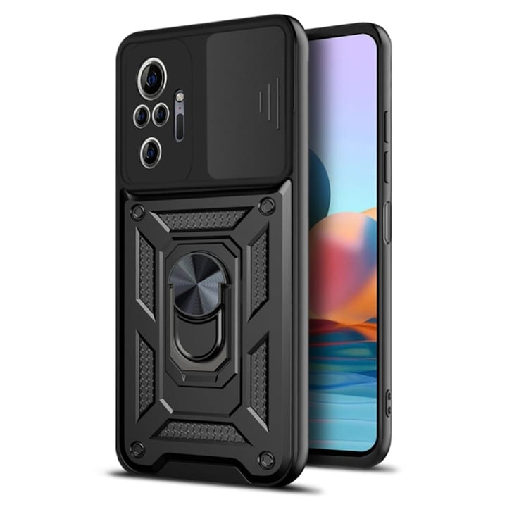 Husa pentru Xiaomi Redmi Note 10 Pro / Redmi Note 10 Pro Max, SKYDDAR INNOVATION, CamShield, Inel magnetic, set cu sticker, Negru