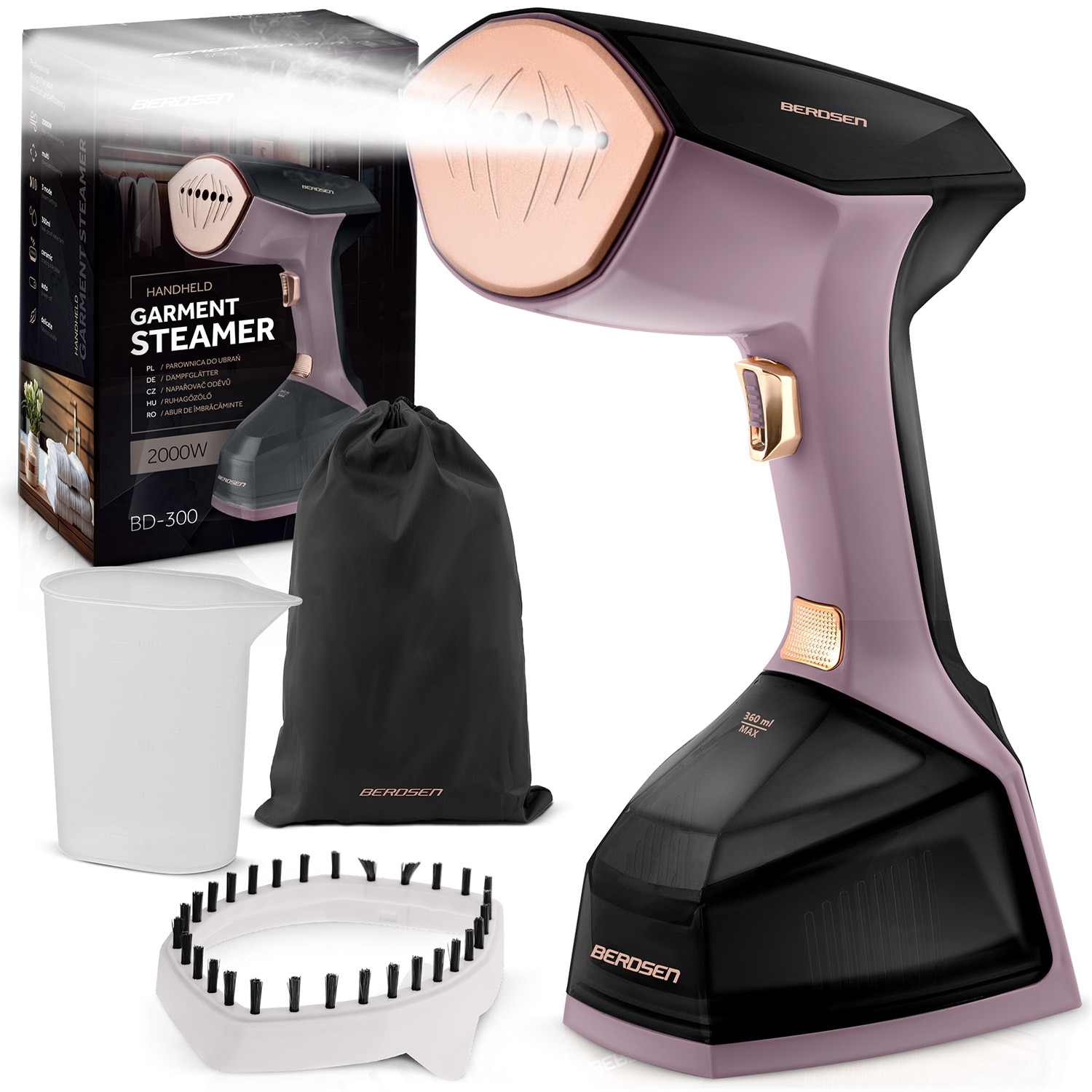 Steamer pentru imbracaminte Berdsen, 2000 W, 45g/min, rezervor 360 ml, set complet