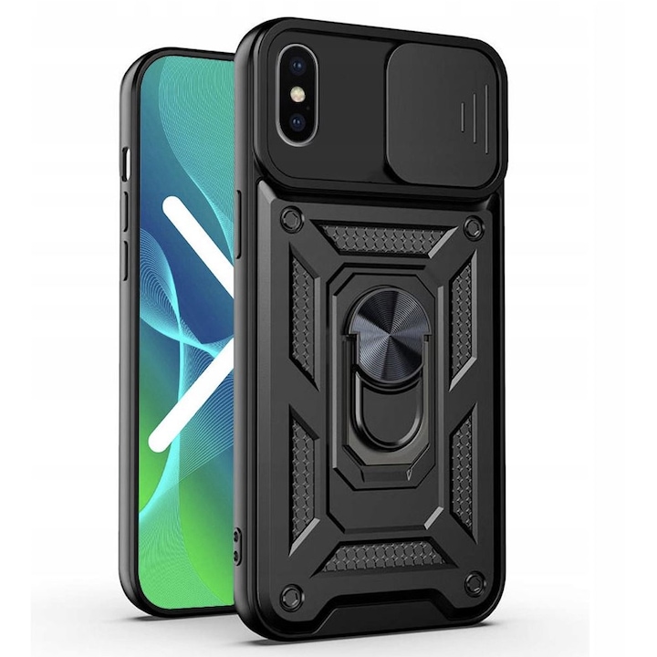 Husa pentru iPhone XS Max Premium Hybrid Armor Kickstand, Slider Camera, Antisoc, Protectie Superioara, Negru