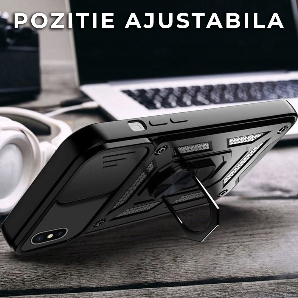 Husa pentru iPhone XS Max Premium Hybrid Armor Kickstand, Slider Camera, Antisoc, Protectie Superioara, Negru
