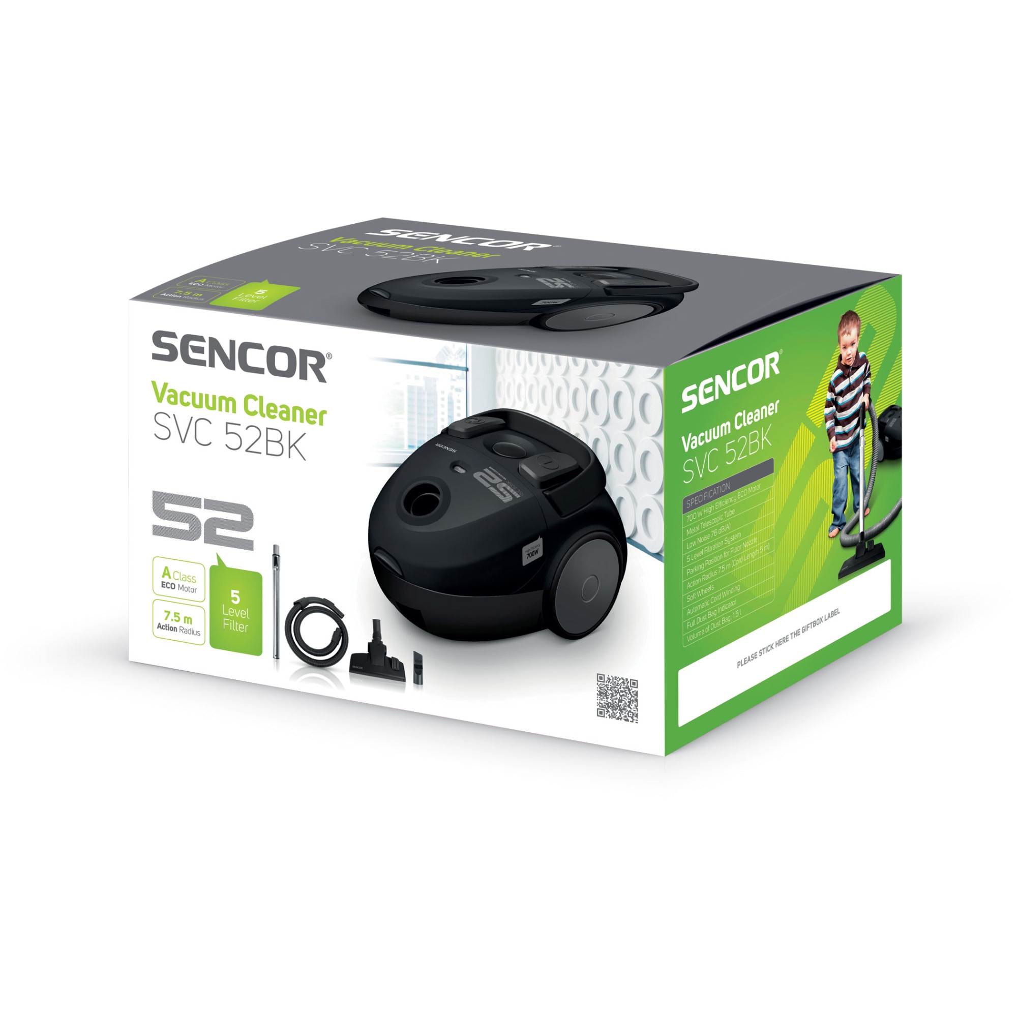 Aspirator cu sac Sencor SVC 52BK-EUE3, 700 W, 1.5 l, Negru