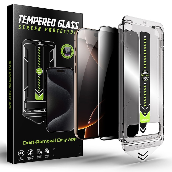 Folie Sticla Privacy pentru Apple iPhone 15 / iPhone 16 Daden TitanGlass, Full Cover, Kit de instalare usoara si rapida cu dispozitiv de potrivire automata, Protectie Profesionala, Ultra Rezistenta
