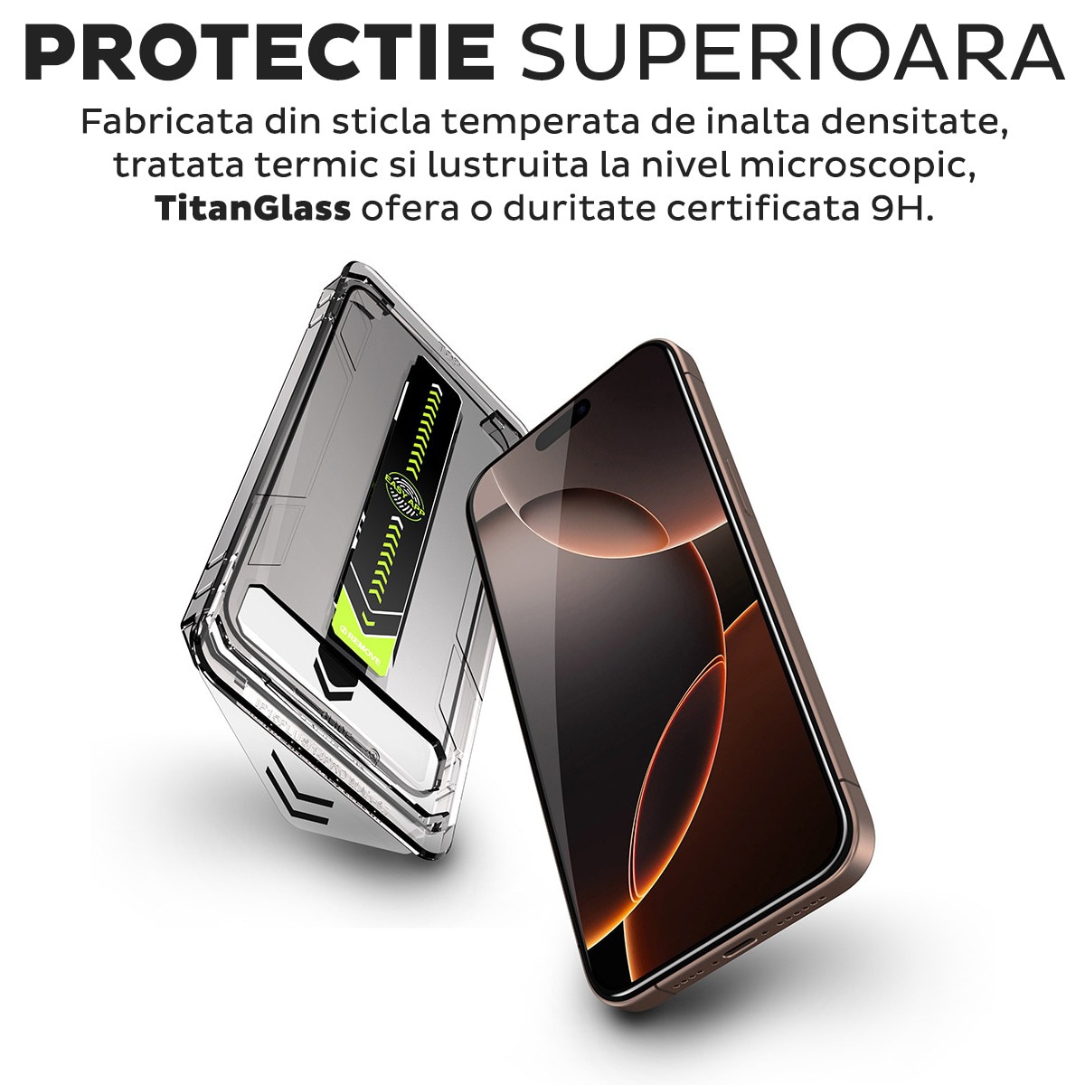 Folie Sticla Privacy pentru Apple iPhone 15 / iPhone 16 Daden TitanGlass, Full Cover, Kit de instalare usoara si rapida cu dispozitiv de potrivire automata, Protectie Profesionala, Ultra Rezistenta