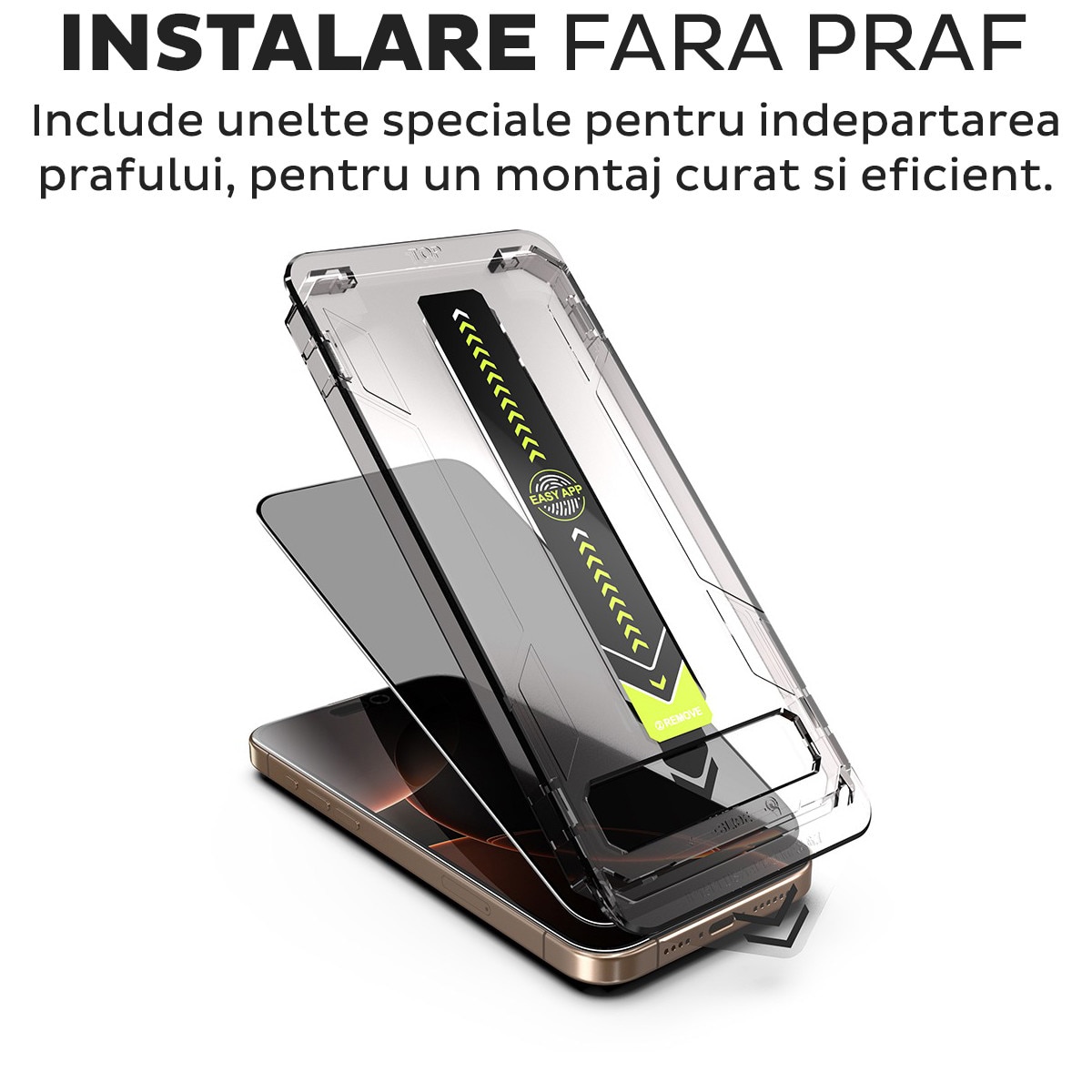 Folie Sticla Privacy pentru Apple iPhone 15 / iPhone 16 Daden TitanGlass, Full Cover, Kit de instalare usoara si rapida cu dispozitiv de potrivire automata, Protectie Profesionala, Ultra Rezistenta