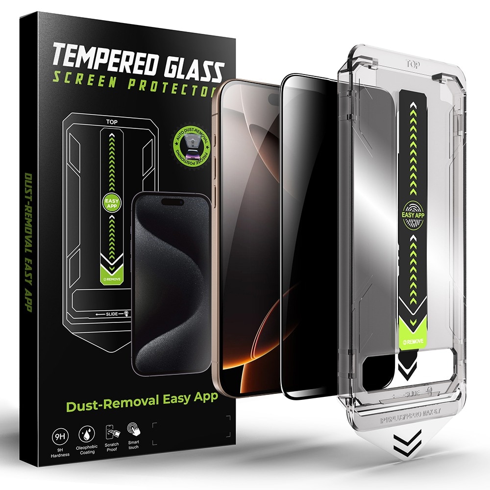 Folie Sticla Privacy pentru Apple iPhone 15 / iPhone 16 Daden TitanGlass, Full Cover, Kit de instalare usoara si rapida cu dispozitiv de potrivire automata, Protectie Profesionala, Ultra Rezistenta