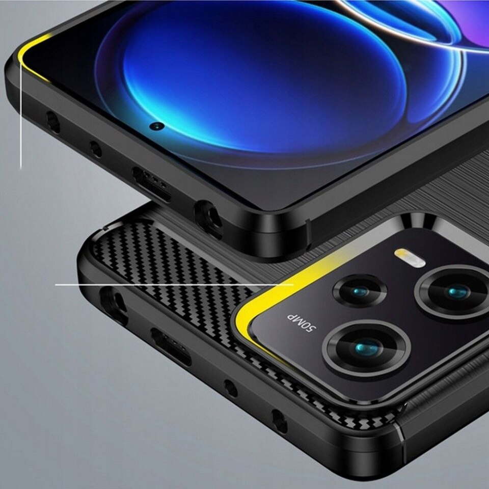 Husa pentru Xiaomi Redmi Note 12 Pro 5G / Poco X5 Pro, SKYDDAR INNOVATION, Carbon Silicone, din Silicon Slim, cu textura Fibra Carbon, set cu sticker, Negru