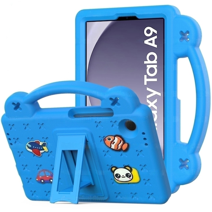 Husa copii compatibila cu Samsung Galaxy Tab A9, XGSM, Silicon, Cu suport, Albastru