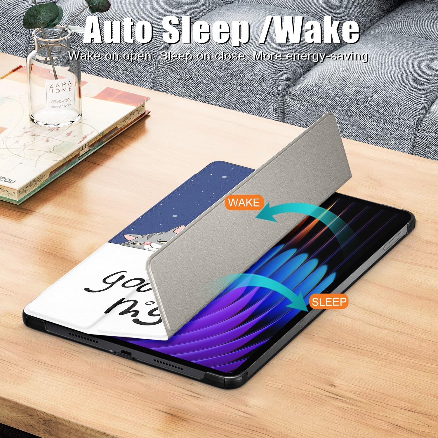 Husa Sigloo pentru tabletă Xiaomi Pad 6S Pro 12.4', Slim, Magnetic, Piele Ecologică, model Lazy Cat