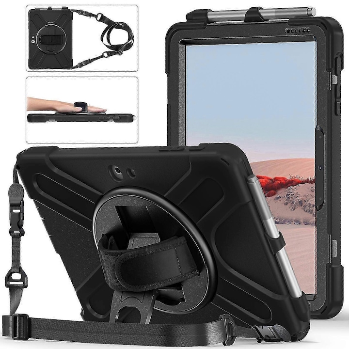 Husa tableta pentru Microsoft Surface Go 4/3/2/1, silicon colorat, protectie socuri, cu suport, curea de umar, curea de mana, slot pentru stilou