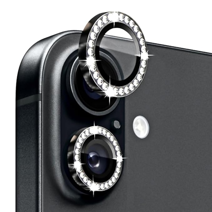 Folie Camera cu Strasuri, Individuala, Compatibila iPhone 16 Plus, Sticla, Negru