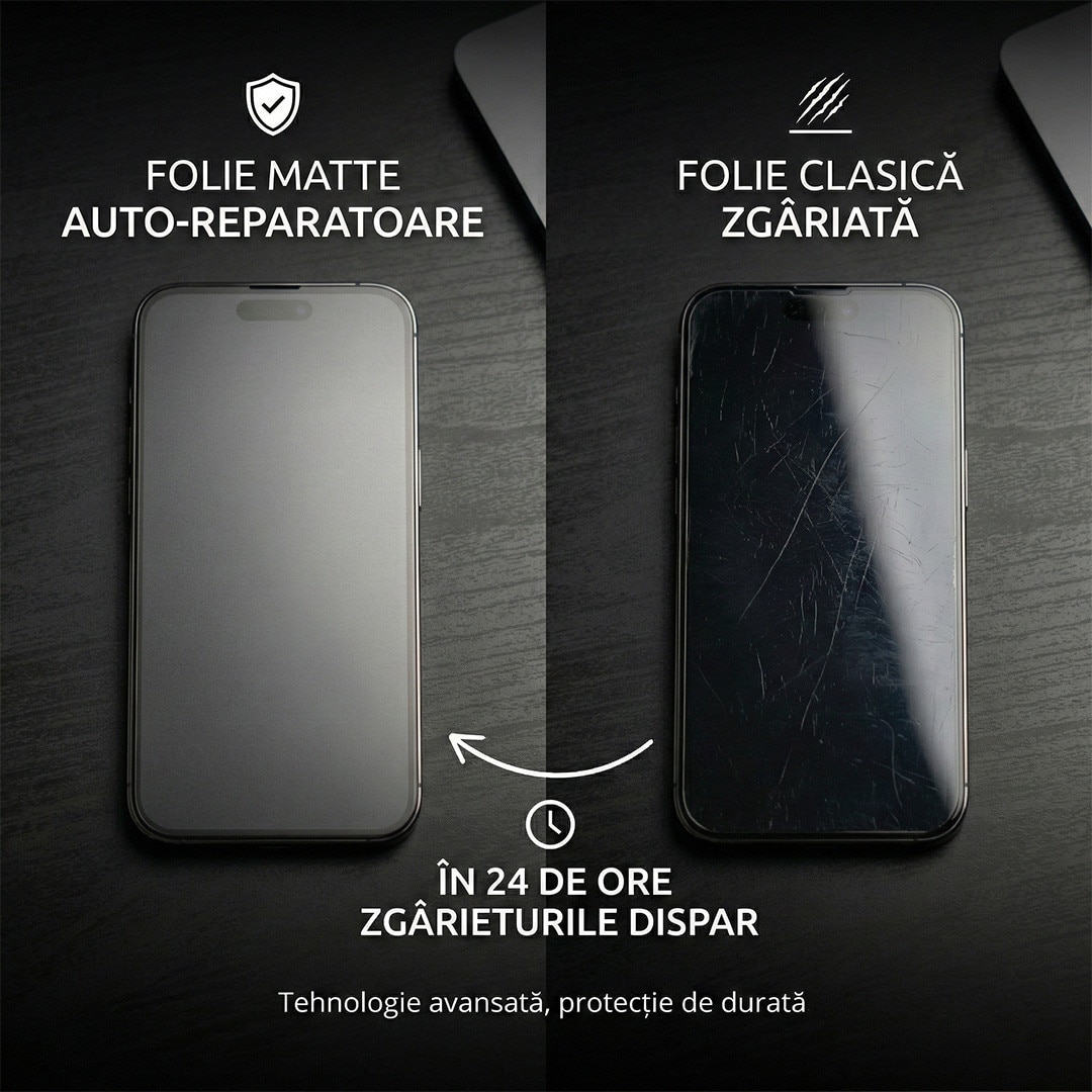 Folie Mata Protectie Fata Hydrogel TPU, Premium pentru iPhone 16, Full Cover 360, Finisaj Mat Anti-Amprente, Auto-Regenerare, Protectie la Socuri si Zgarieturi, Ultra Slim, Montaj Usor Rapid, SIlicon Transparent Mat, Alikommerce AK