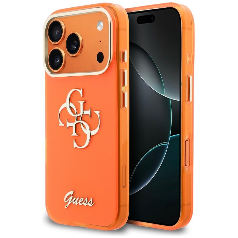 Husă Guess IML 4G Script Metal, portocalie, pentru iPhone 17 Pro Max, din TPU și policarbonat