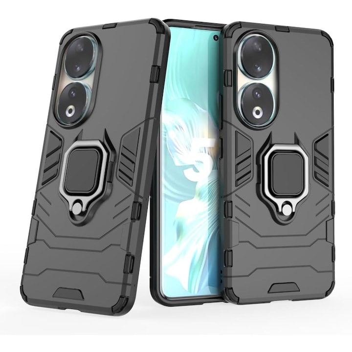 Husa pentru Honor 90 Ring Armor Kickstand Tough Rugged Cover, Aiyando, negru