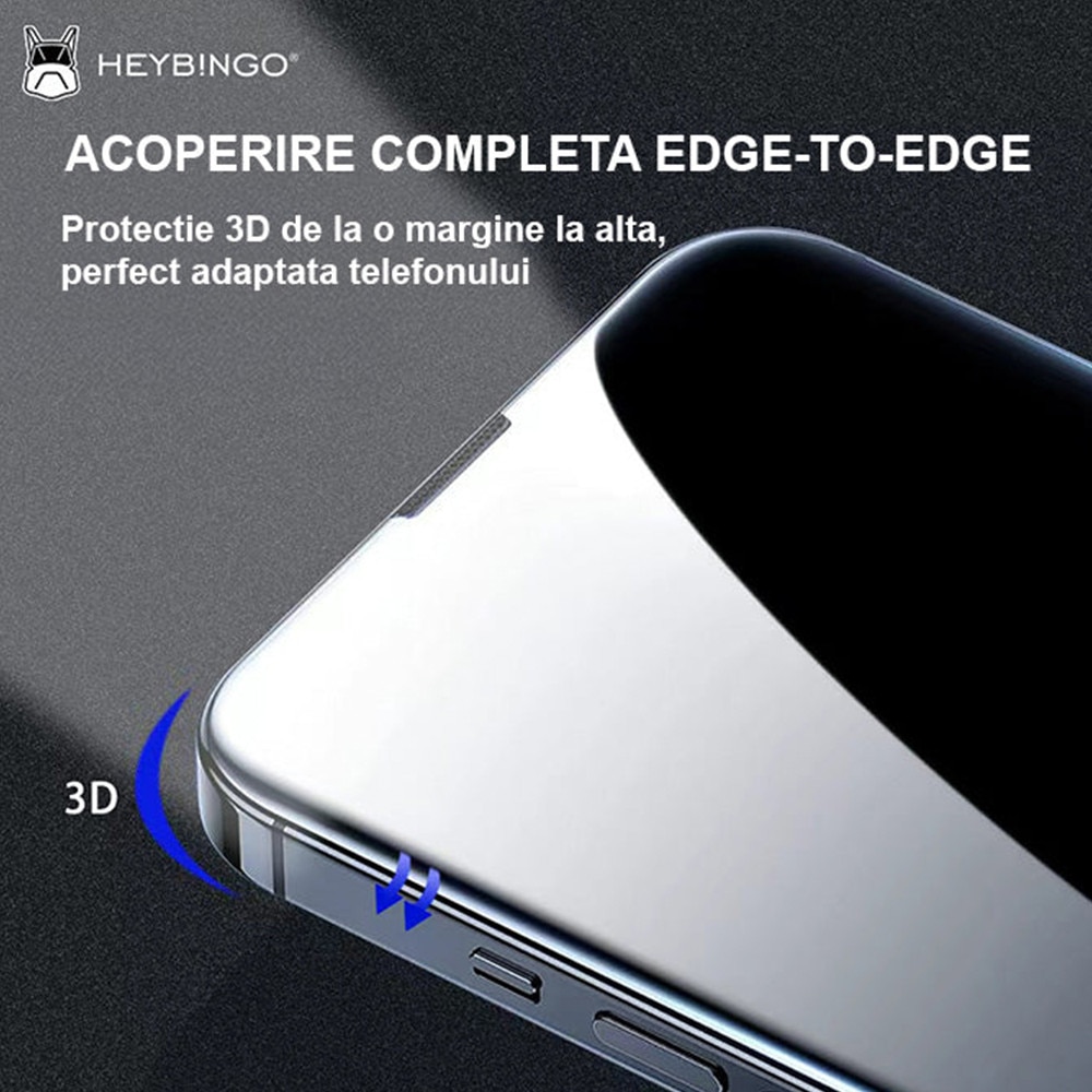 Folie Sticla Privacy Pentru Apple iPhone 16 PRO MAX HEYBINGO, 9H din Sticla Securizata, cu Kit Aplicare, Rezistenta la Zgarieturi