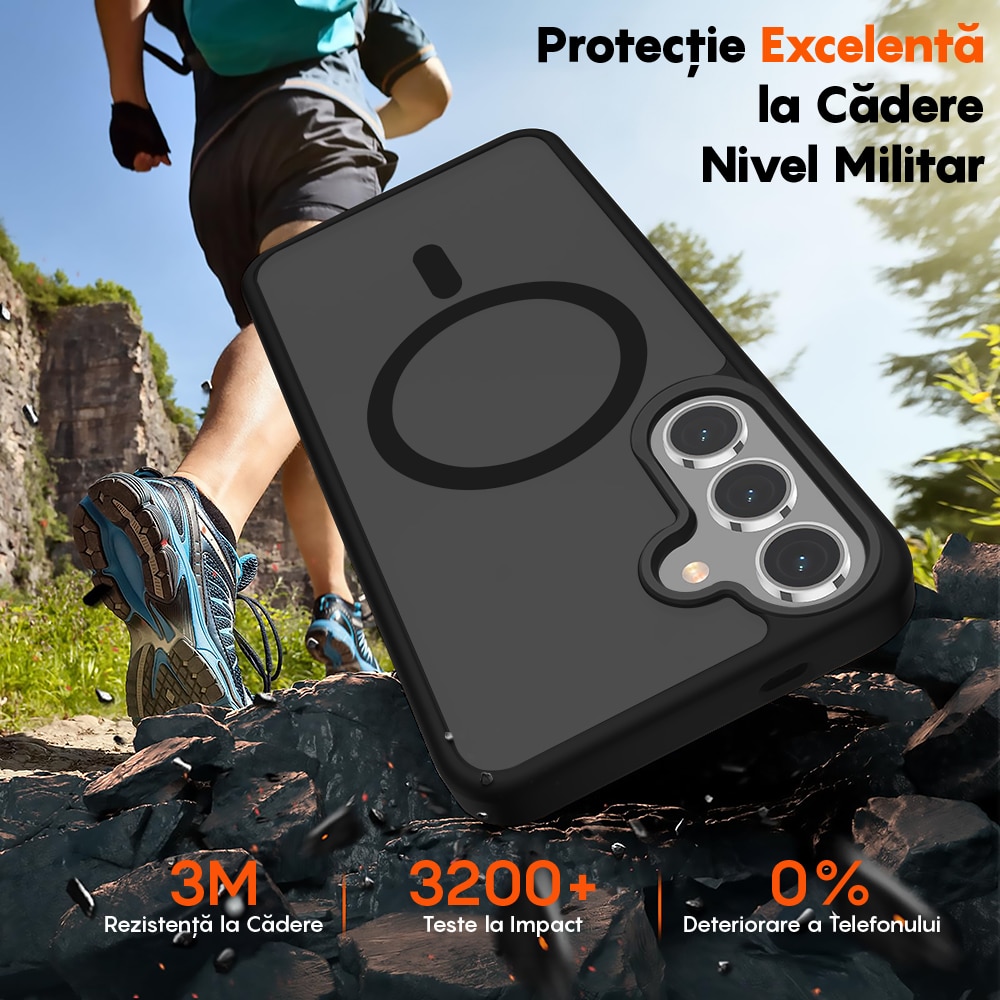Husa compatibila cu Incarcare Magsafe pentru Samsung Galaxy S24 Plus, CASEY STUDIOS™, de Protectie, Slim, pentru Incarcare Wireless, Margini Ridicate pentru Protectia Ecranului si a Camerelor, Negru