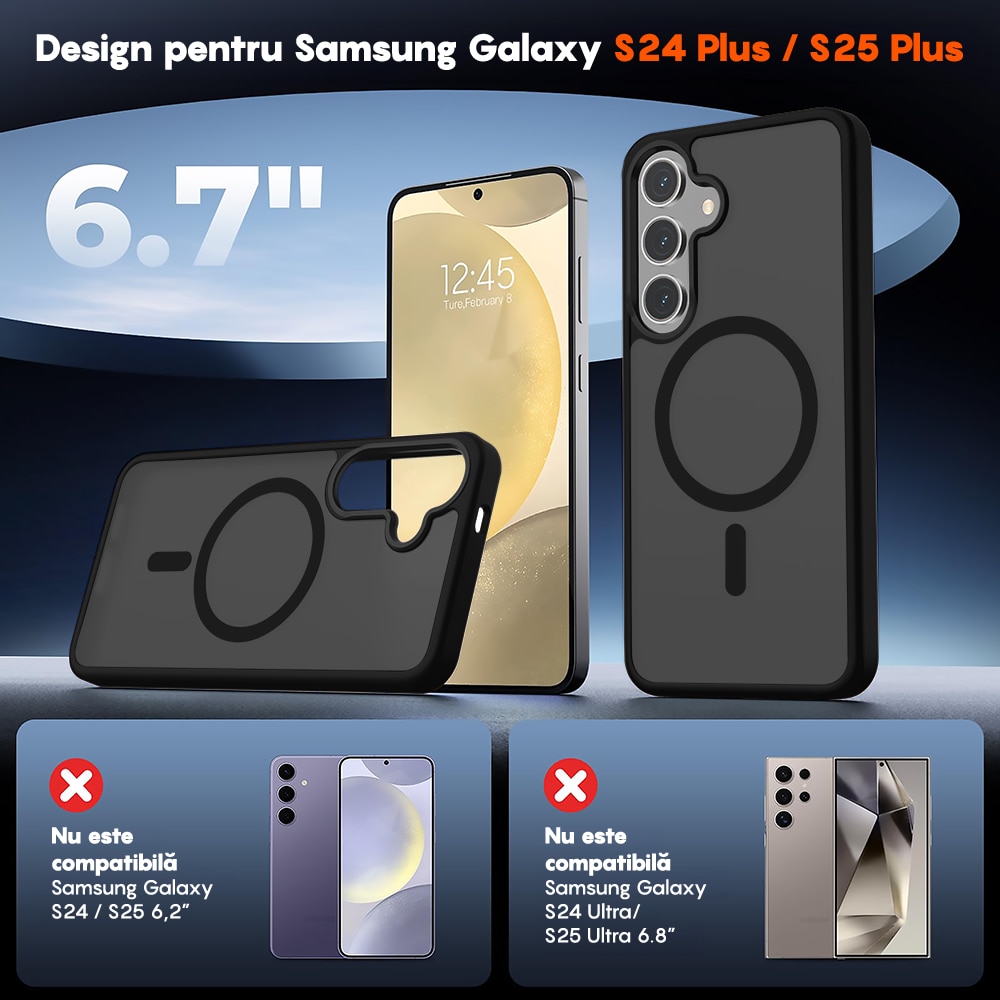 Husa compatibila cu Incarcare Magsafe pentru Samsung Galaxy S24 Plus, CASEY STUDIOS™, de Protectie, Slim, pentru Incarcare Wireless, Margini Ridicate pentru Protectia Ecranului si a Camerelor, Negru