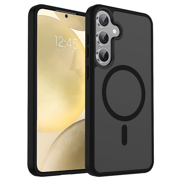 Husa compatibila cu Incarcare Magsafe pentru Samsung Galaxy S24 Plus, CASEY STUDIOS™, de Protectie, Slim, pentru Incarcare Wireless, Margini Ridicate pentru Protectia Ecranului si a Camerelor, Negru