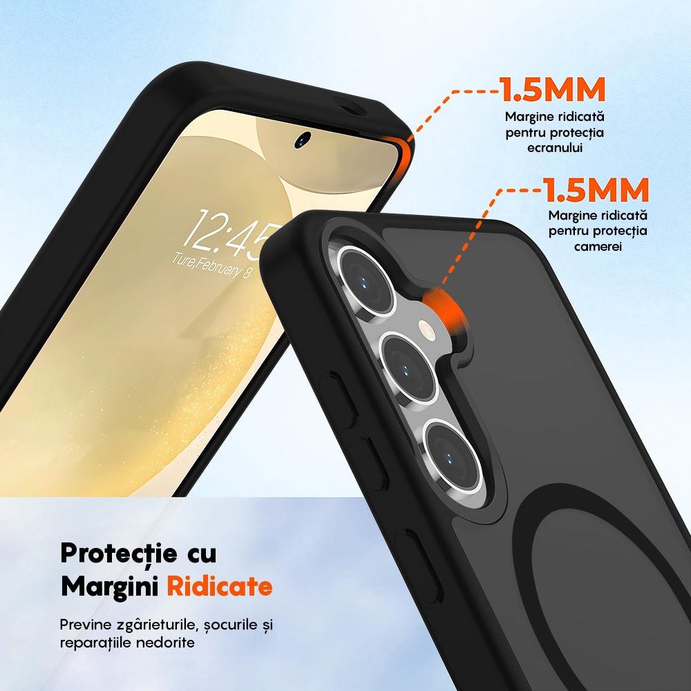 Husa compatibila cu Incarcare Magsafe pentru Samsung Galaxy S24 Plus, CASEY STUDIOS™, de Protectie, Slim, pentru Incarcare Wireless, Margini Ridicate pentru Protectia Ecranului si a Camerelor, Negru