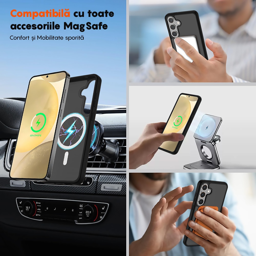 Husa compatibila cu Incarcare Magsafe pentru Samsung Galaxy S24 Plus, CASEY STUDIOS™, de Protectie, Slim, pentru Incarcare Wireless, Margini Ridicate pentru Protectia Ecranului si a Camerelor, Negru