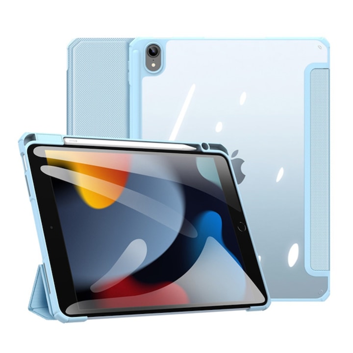 Husa premium Sigloo, pentru tableta iPAD Pro 11, model 2022/2021/2020/2018, 11 inch, interior de piele sintetica, cu suport Smart Pen, spatele din policarbonat transparent, rezistent la socuri, Blue