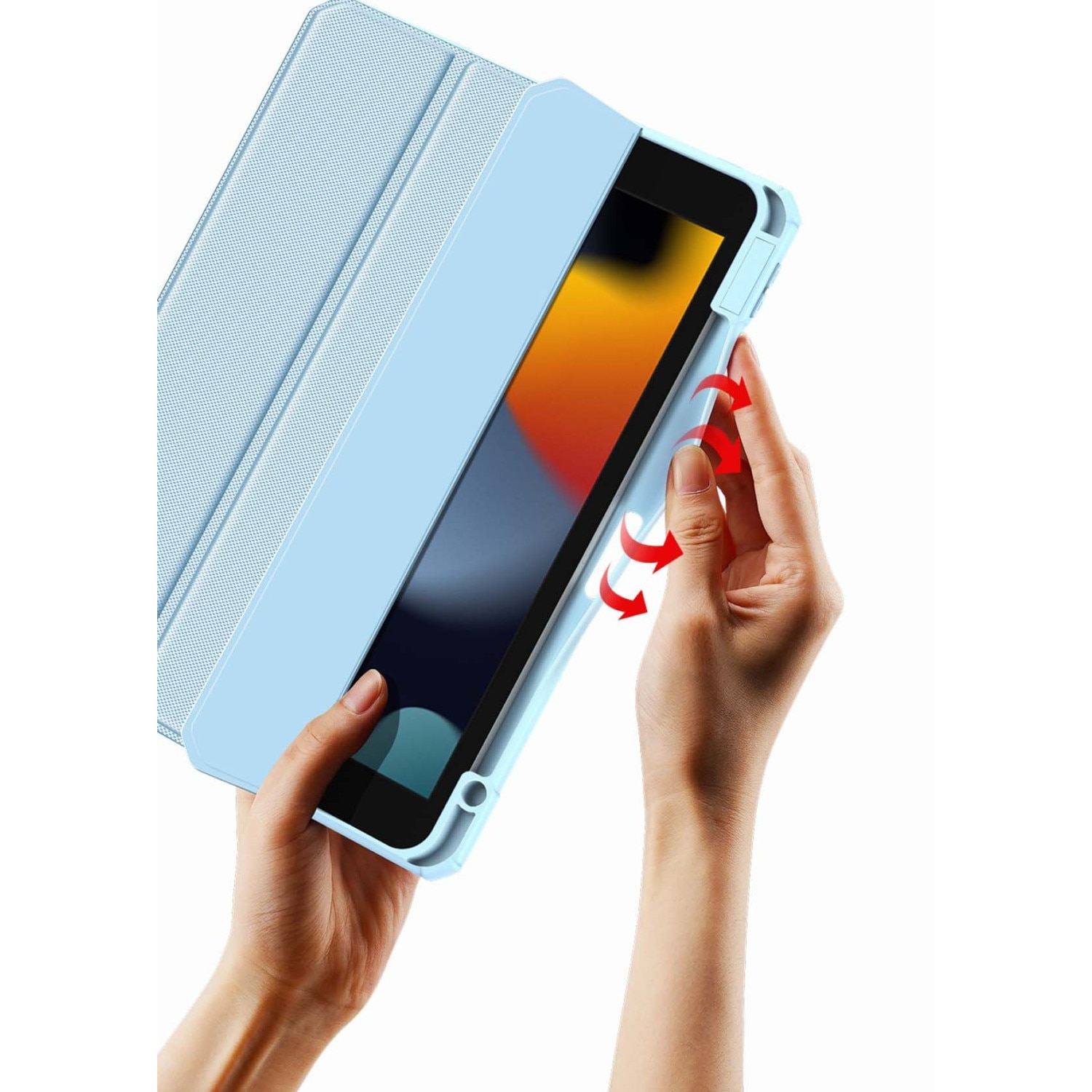 Husa premium Sigloo, pentru tableta iPAD Pro 11, model 2022/2021/2020/2018, 11 inch, interior de piele sintetica, cu suport Smart Pen, spatele din policarbonat transparent, rezistent la socuri, Blue