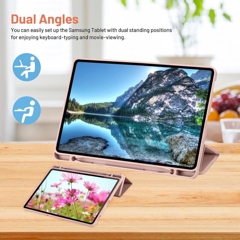 Husa de protectie flip cover pentru tableta compatibila cu Samsung Galaxy Tab S6 Lite, Flex Trifold, cu stand, slot Pen, TPU, Roz deschis