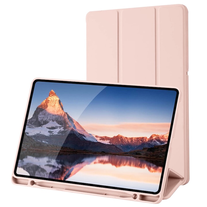 Husa de protectie flip cover pentru tableta compatibila cu Samsung Galaxy Tab S6 Lite, Flex Trifold, cu stand, slot Pen, TPU, Roz deschis