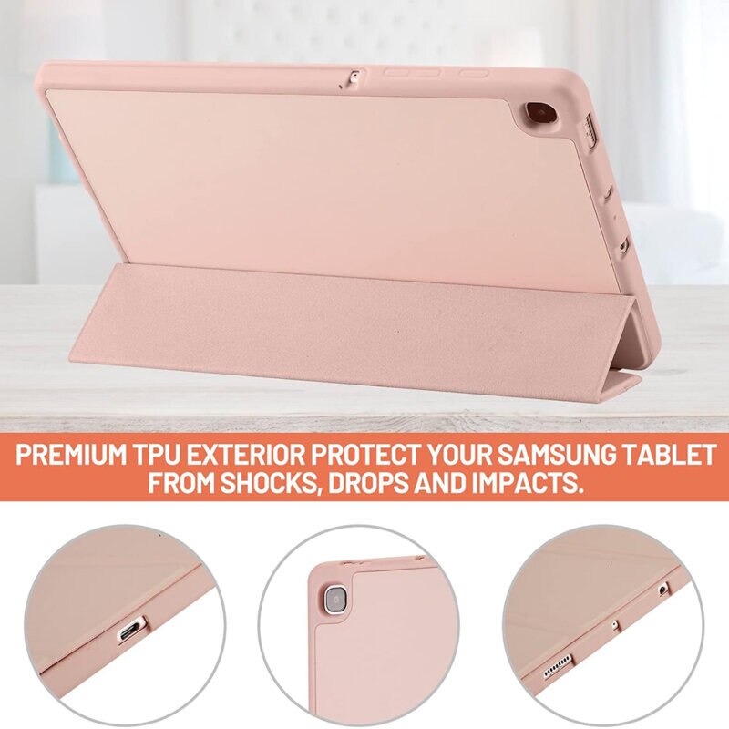 Husa de protectie flip cover pentru tableta compatibila cu Samsung Galaxy Tab S6 Lite, Flex Trifold, cu stand, slot Pen, TPU, Roz deschis