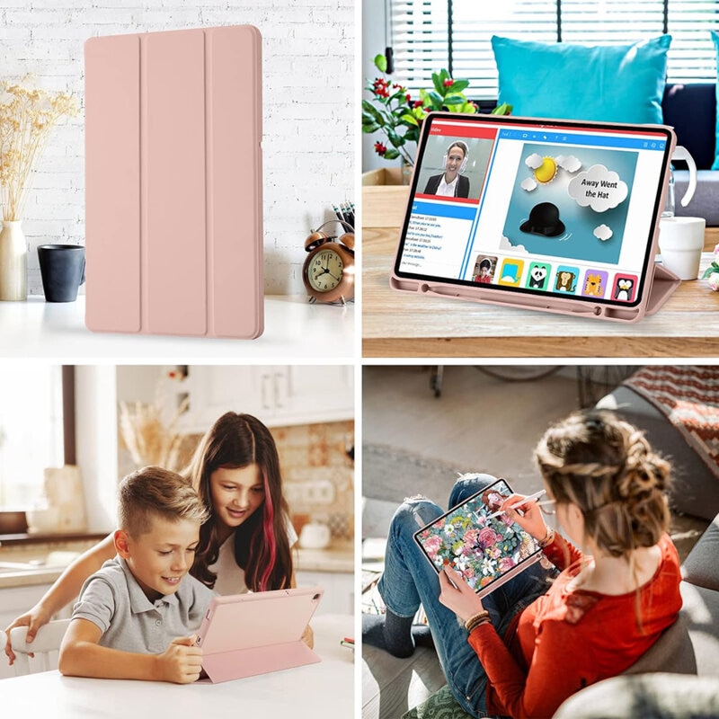 Husa de protectie flip cover pentru tableta compatibila cu Samsung Galaxy Tab S6 Lite, Flex Trifold, cu stand, slot Pen, TPU, Roz deschis