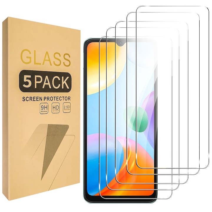 Set 5 Folii sticla compatibil cu pentru Xiaomi Redmi 10A / Redmi 10c, 3D, Full Glue, Sticla Securizata, Duritate Militara, Ultra HD, Anti Zgarieturi, Anti Socuri