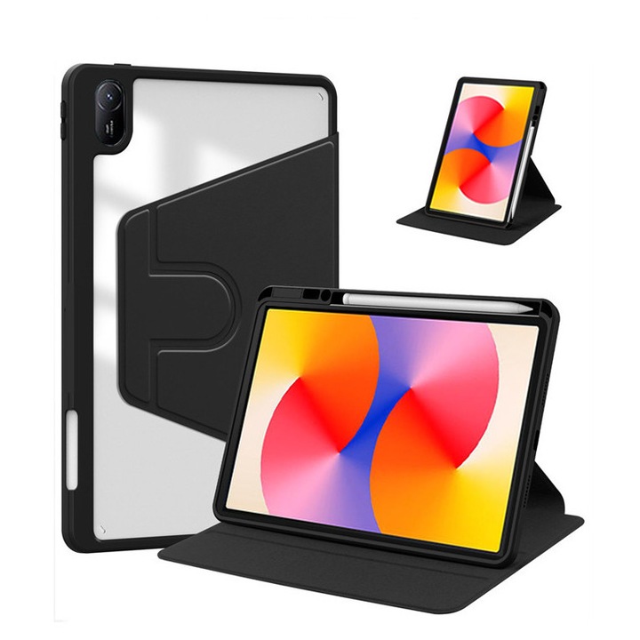 Husa tableta, pentru HUAWEI Matepad SE 11 inch, pentru tablete cu slot pentru stilou, acrilic 360 ° design rotativ, trezire automata / somn, Negru transparent