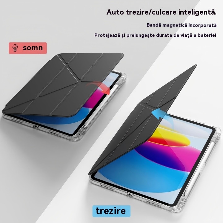Husa de protectie pentru tableta iPad Pro (2024, 13"), pliere 3+Y, suport portret si peisaj, rama transparenta, cu suport pentru creion, Ugo®, neagra