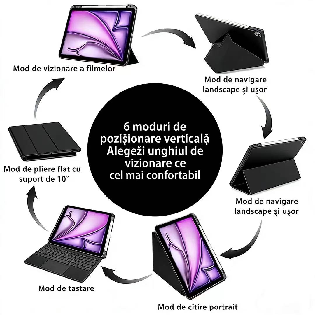 Husa de protectie pentru tableta iPad Pro (2024, 13"), pliere 3+Y, suport portret si peisaj, rama transparenta, cu suport pentru creion, Ugo®, neagra