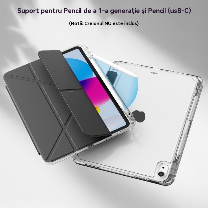 Husa de protectie pentru tableta iPad Pro (2024, 13"), pliere 3+Y, suport portret si peisaj, rama transparenta, cu suport pentru creion, Ugo®, neagra