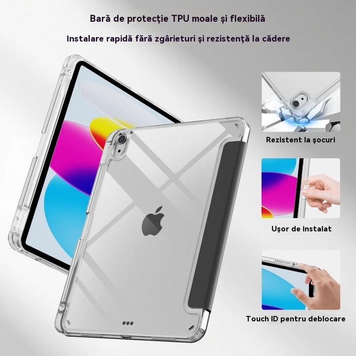 Husa de protectie pentru tableta iPad Pro (2024, 13"), pliere 3+Y, suport portret si peisaj, rama transparenta, cu suport pentru creion, Ugo®, neagra