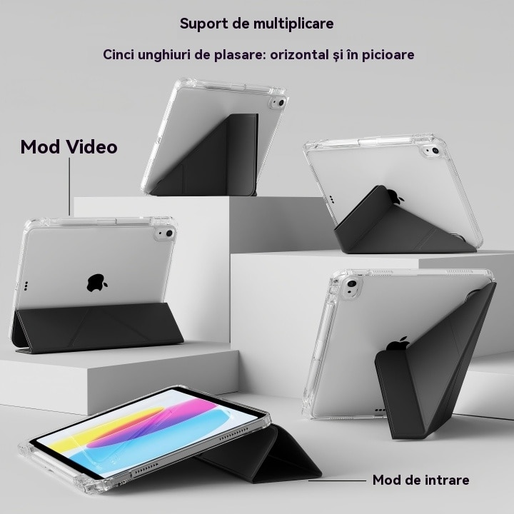 Husa de protectie pentru tableta iPad Pro (2024, 13"), pliere 3+Y, suport portret si peisaj, rama transparenta, cu suport pentru creion, Ugo®, neagra