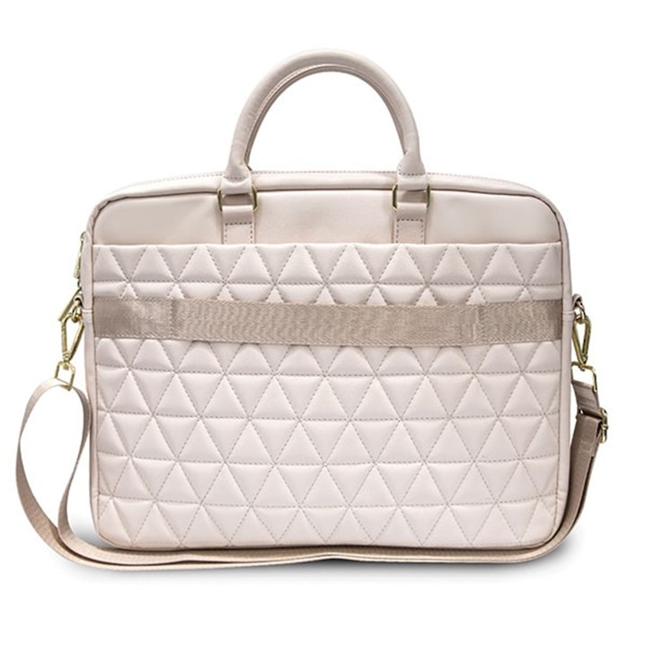 Geanta de laptop Guess, diagonala maxima 15-16", Quilted Bag, model mozaic, 4 compartimente, bareta de umar detasabil, 410x310x50mm, piele, Roz