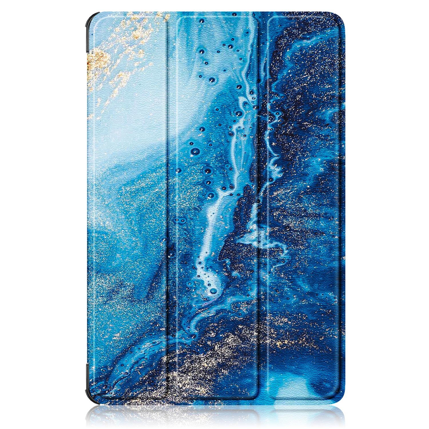 Husa tableta pentru Lenovo Yoga Tab Plus, piele cu model colorat, tip carte cu 3 plieri, husa inteligenta, motiv valuri, albastru