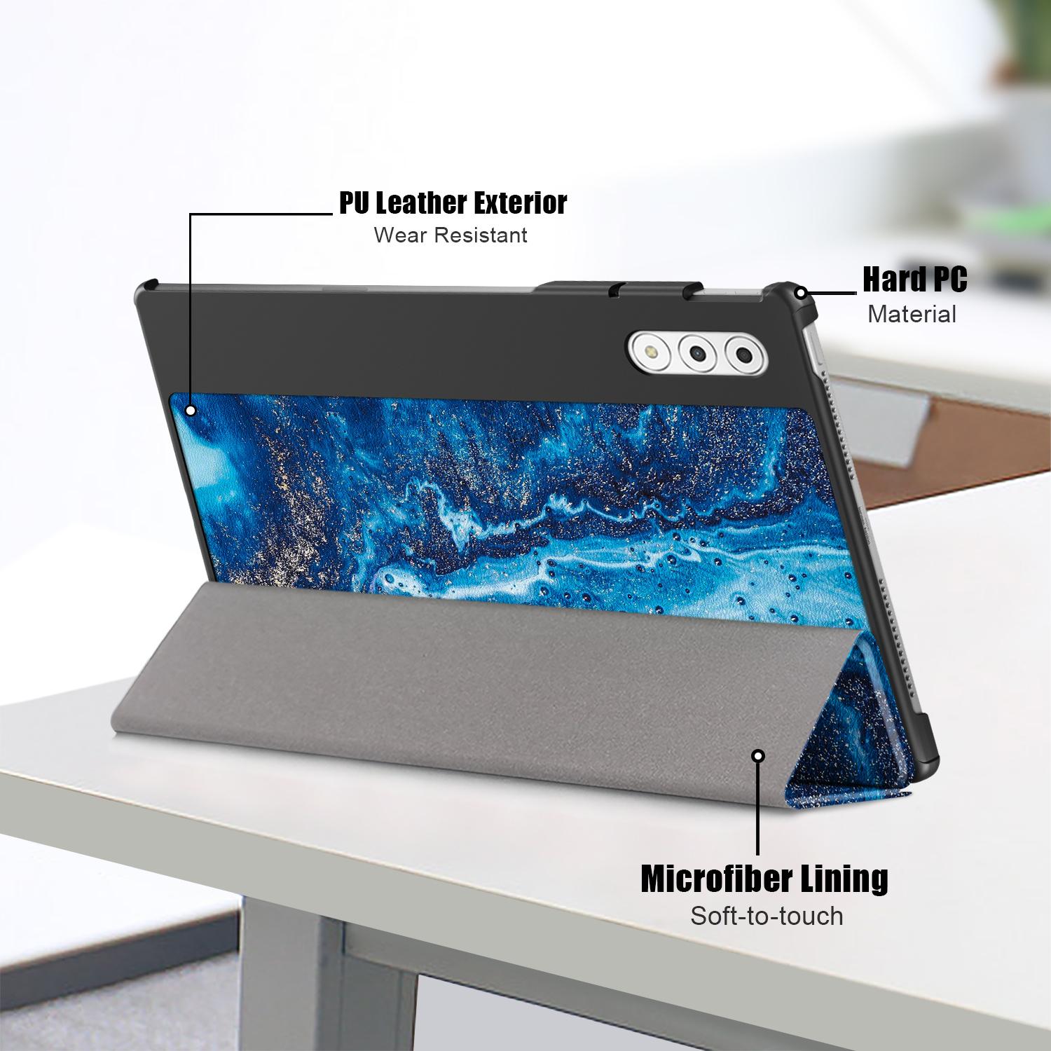 Husa tableta pentru Lenovo Yoga Tab Plus, piele cu model colorat, tip carte cu 3 plieri, husa inteligenta, motiv valuri, albastru