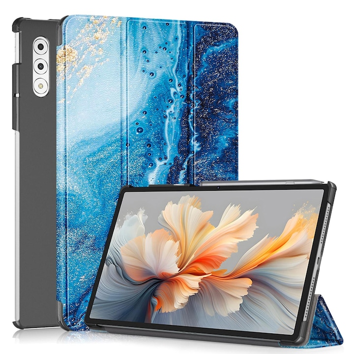 Husa tableta pentru Lenovo Yoga Tab Plus, piele cu model colorat, tip carte cu 3 plieri, husa inteligenta, motiv valuri, albastru