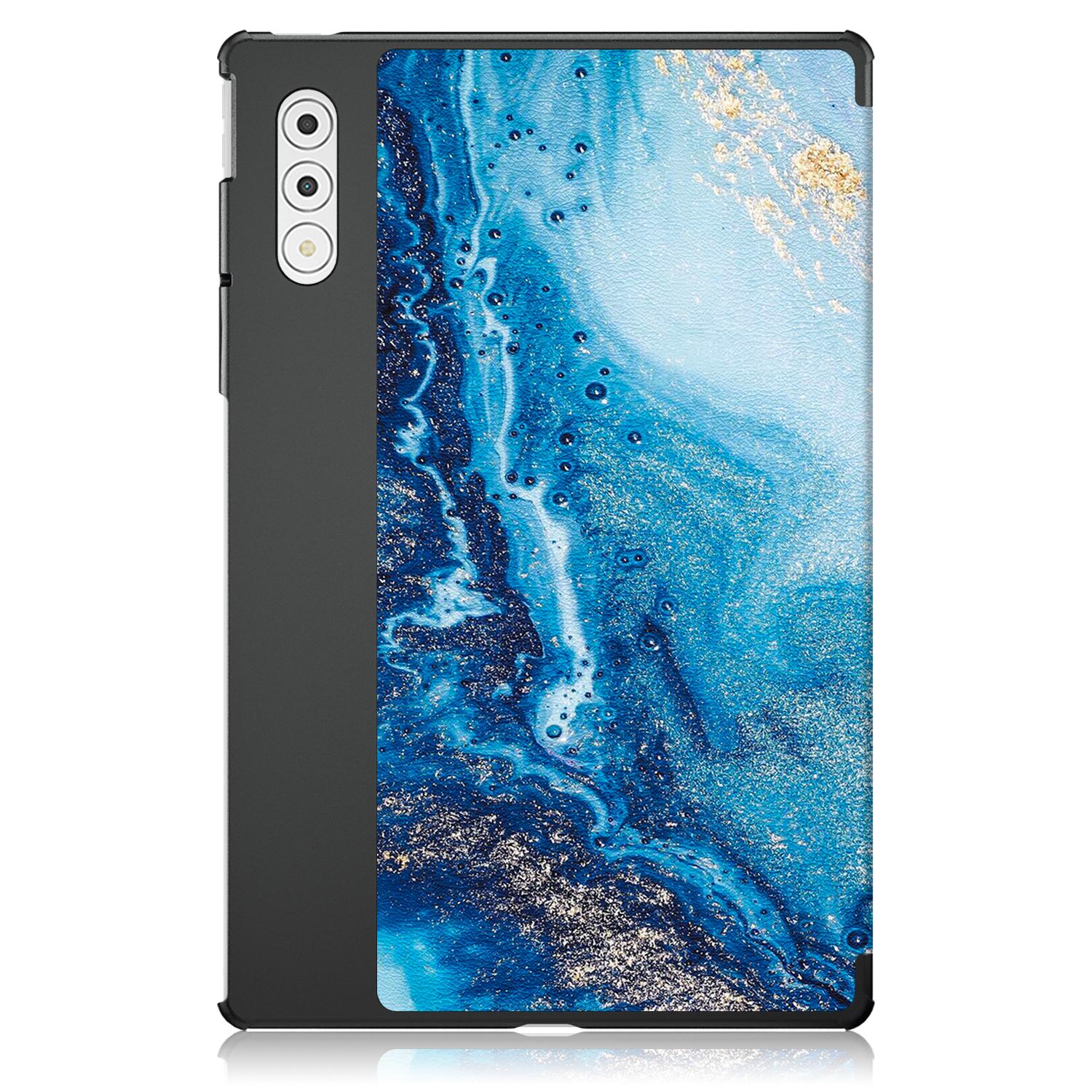 Husa tableta pentru Lenovo Yoga Tab Plus, piele cu model colorat, tip carte cu 3 plieri, husa inteligenta, motiv valuri, albastru