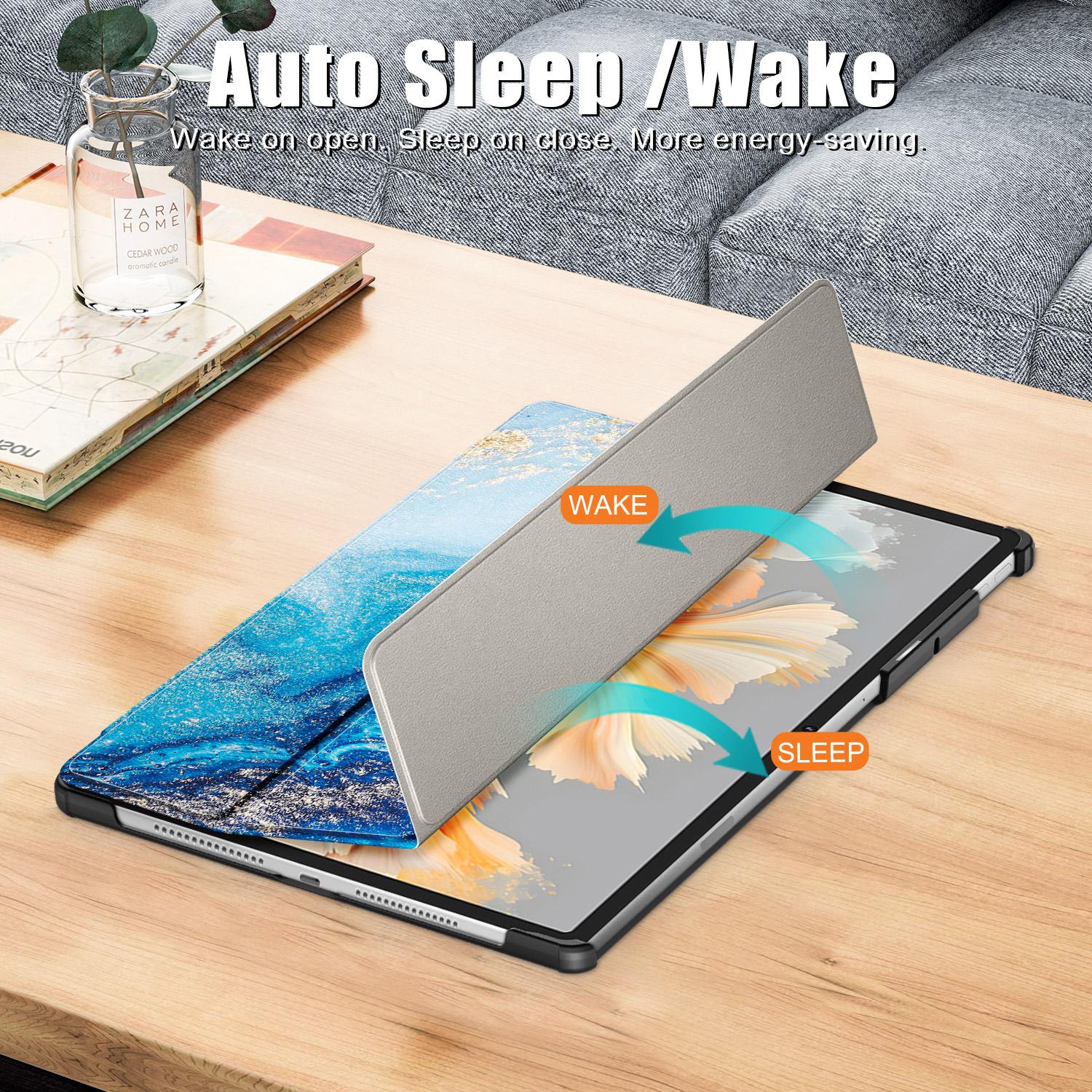 Husa tableta pentru Lenovo Yoga Tab Plus, piele cu model colorat, tip carte cu 3 plieri, husa inteligenta, motiv valuri, albastru
